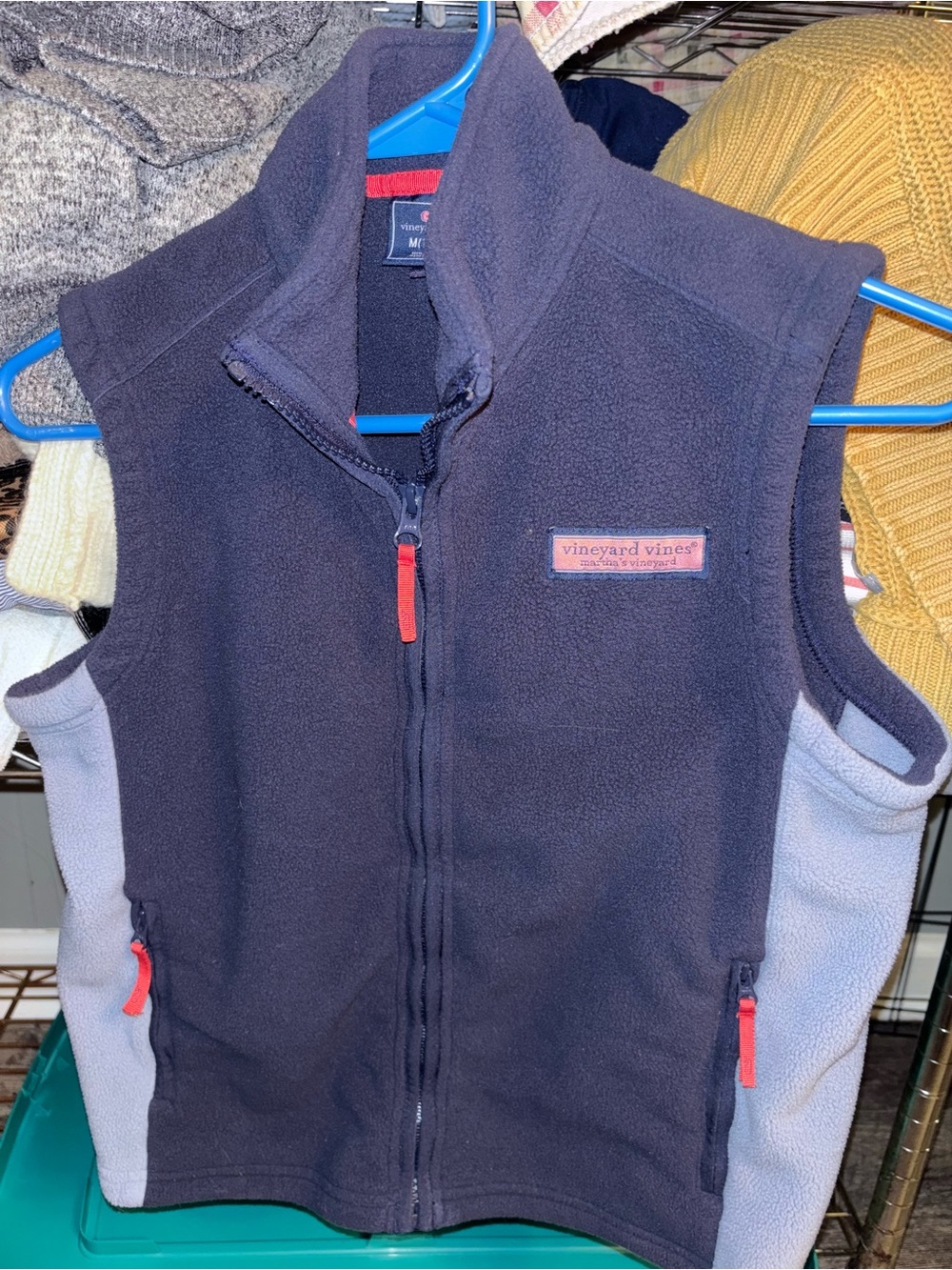 Vineyard Vines Navy Fleece Vest with Light Gray Panels and Red Accents